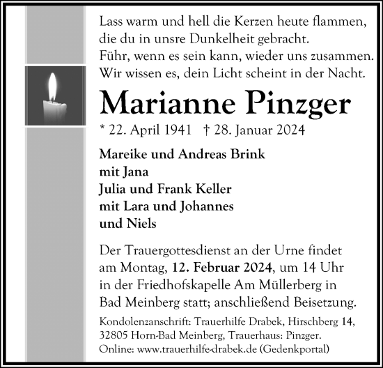 Anzeige  Marianne Pinzger  Lippische Landes-Zeitung