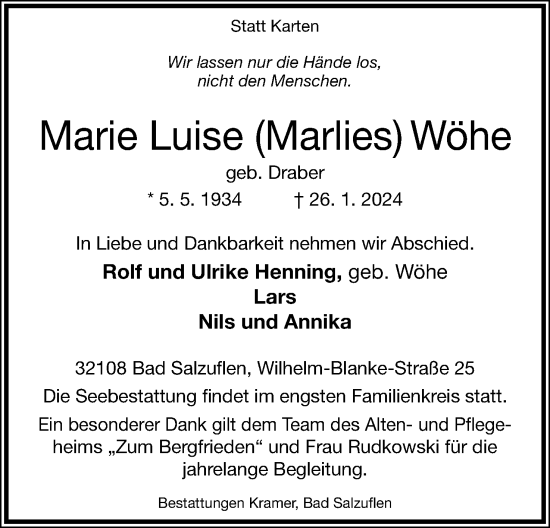Anzeige  Marie Luise  Wöhe  Lippische Landes-Zeitung