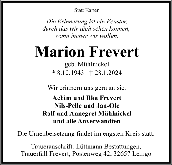 Anzeige  Marion Frevert  Lippische Landes-Zeitung