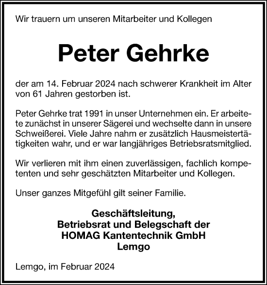 Anzeige  Peter Gehrke  Lippische Landes-Zeitung