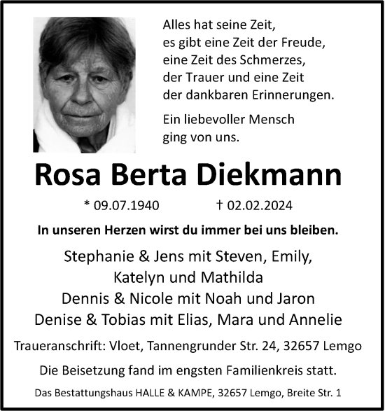 Anzeige  Rosa Berta Diekmann  Lippische Landes-Zeitung