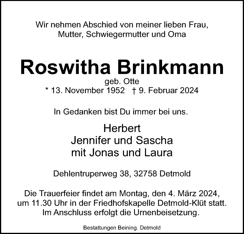  Traueranzeige für Roswitha Brinkmann vom 24.02.2024 aus Lippische Landes-Zeitung