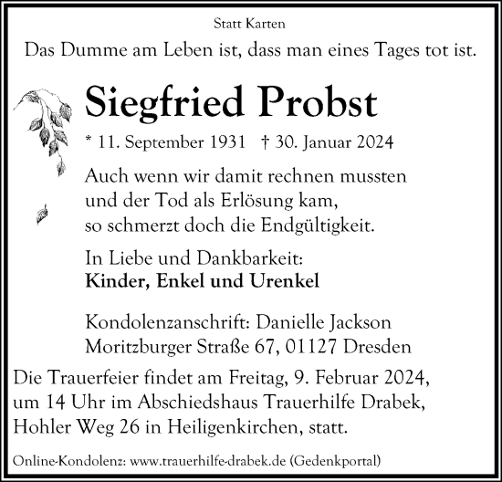 Anzeige  Siegfried Probst  Lippische Landes-Zeitung