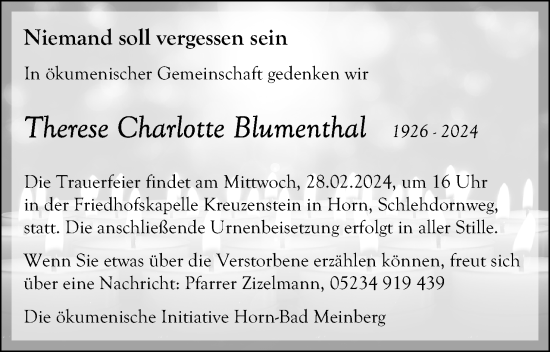 Anzeige  Therese Charlotte Blumenthal  Lippische Landes-Zeitung