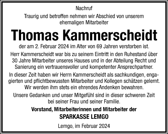 Anzeige  Thomas Kammerscheidt  Lippische Landes-Zeitung
