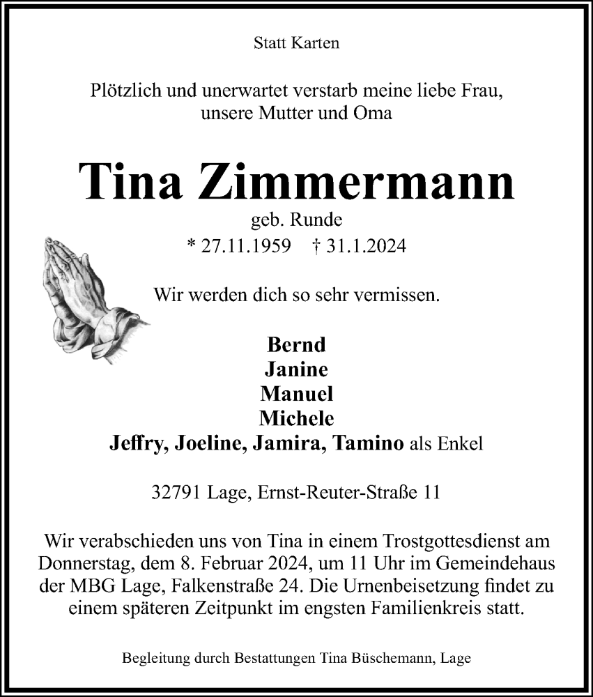  Traueranzeige für Tina Zimmermann vom 03.02.2024 aus Lippische Landes-Zeitung