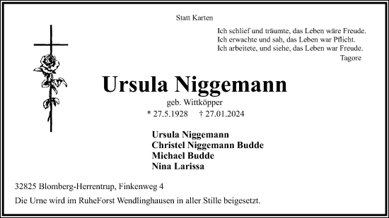 Anzeige  Ursula Niggemann  Lippische Landes-Zeitung