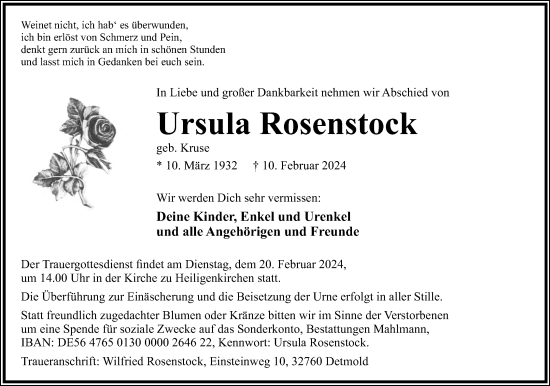 Anzeige  Ursula Rosenstock  Lippische Landes-Zeitung
