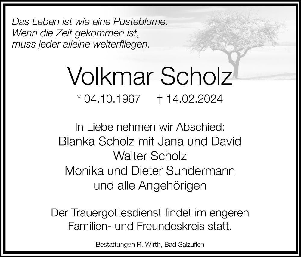  Traueranzeige für Volkmar Scholz vom 17.02.2024 aus Lippische Landes-Zeitung