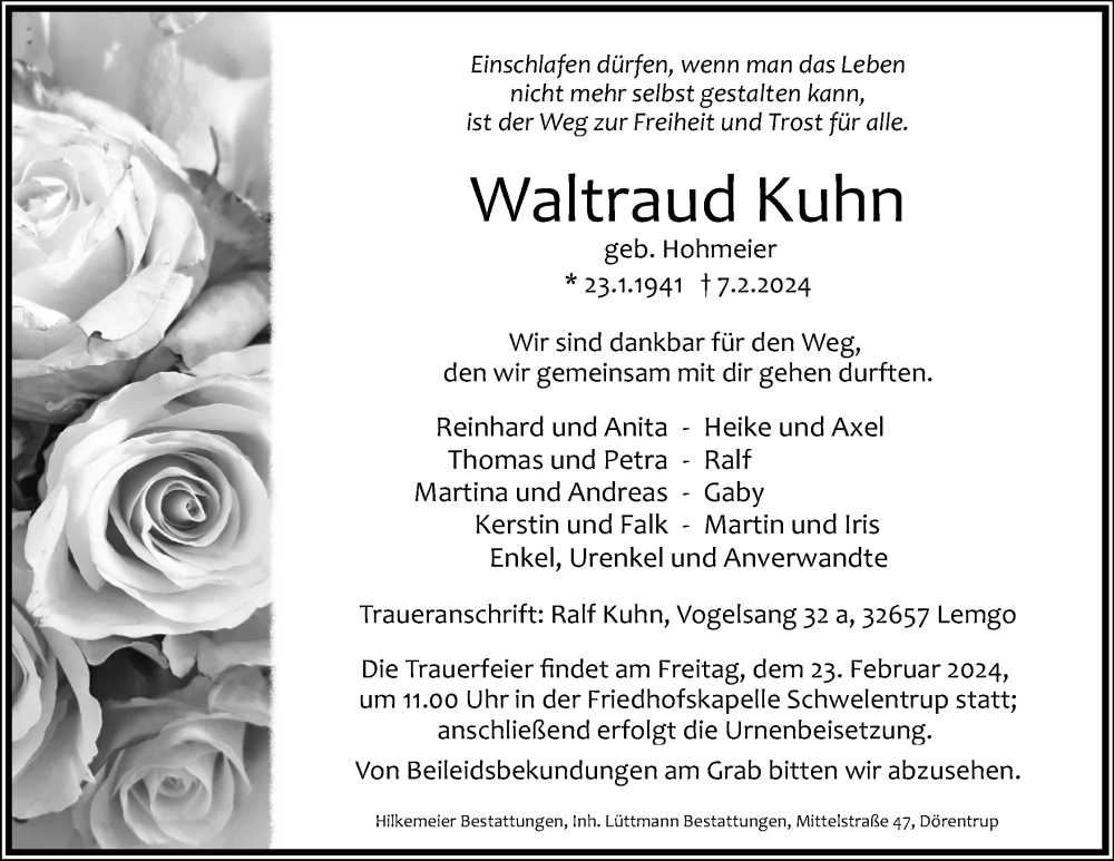  Traueranzeige für Waltraud Kuhn vom 17.02.2024 aus Lippische Landes-Zeitung