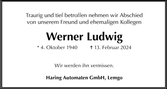 Anzeige  Werner Ludwig  Lippische Landes-Zeitung