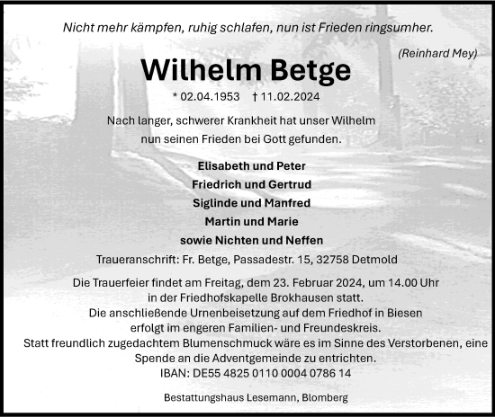 Anzeige  Wilhelm Betge  Lippische Landes-Zeitung