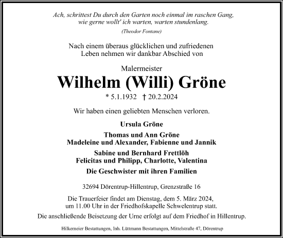 Anzeige  Wilhelm Gröne  Lippische Landes-Zeitung