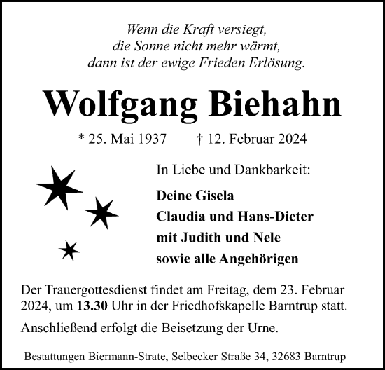Anzeige  Wolfgang Biehahn  Lippische Landes-Zeitung