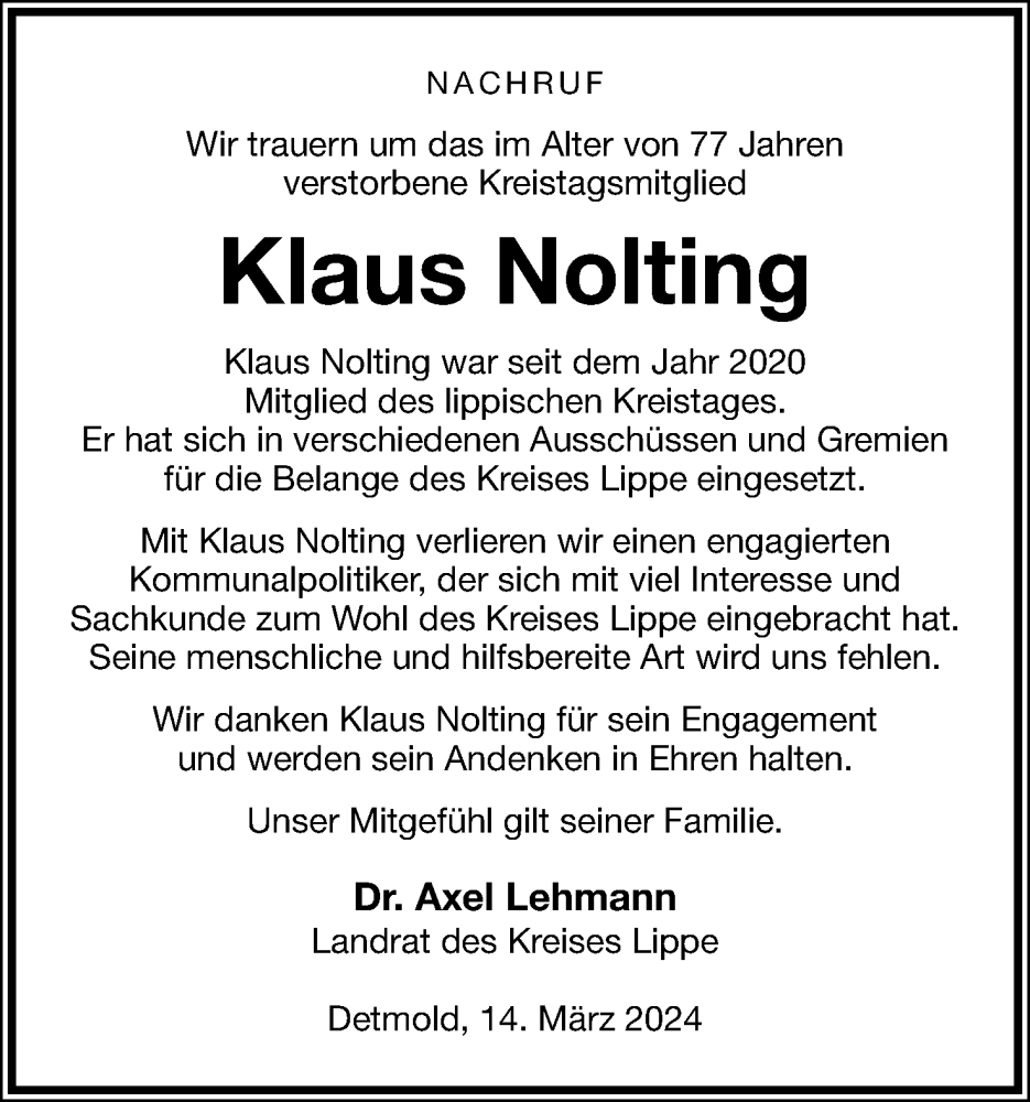  Traueranzeige für Klaus Nolting vom 16.03.2024 aus Lippische Landes-Zeitung