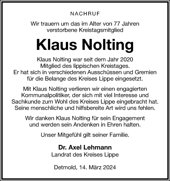 Anzeige  Klaus Nolting  Lippische Landes-Zeitung