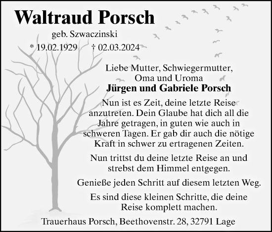 Anzeige  Waltraud Porsch  Lippische Landes-Zeitung