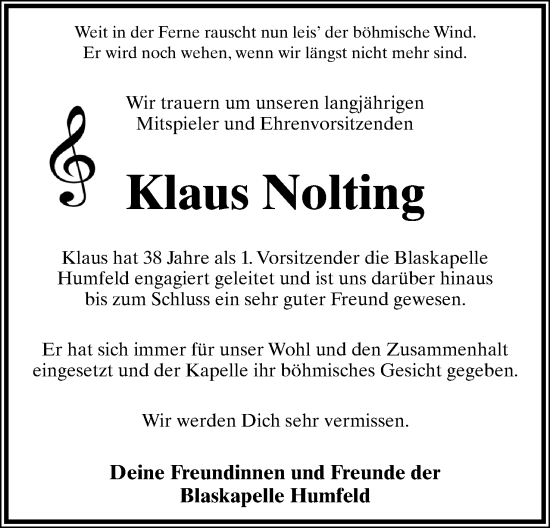 Anzeige  Klaus Nolting  Lippische Landes-Zeitung