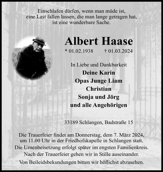 Anzeige  Albert Haase  Lippische Landes-Zeitung