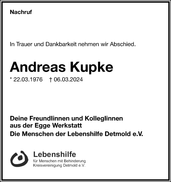 Anzeige  Andreas Kupke  Lippische Landes-Zeitung