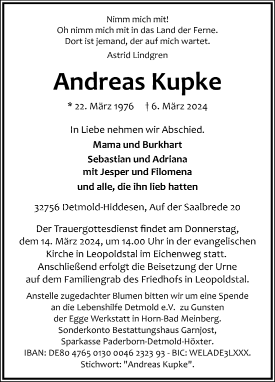 Anzeige  Andreas Kupke  Lippische Landes-Zeitung