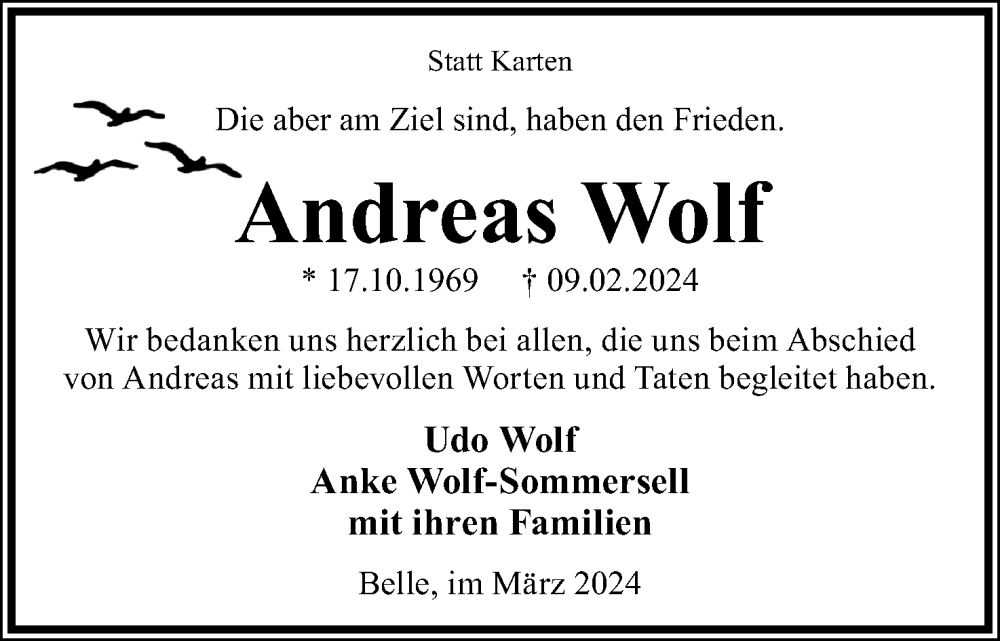  Traueranzeige für Andreas Wolf vom 16.03.2024 aus Lippische Landes-Zeitung