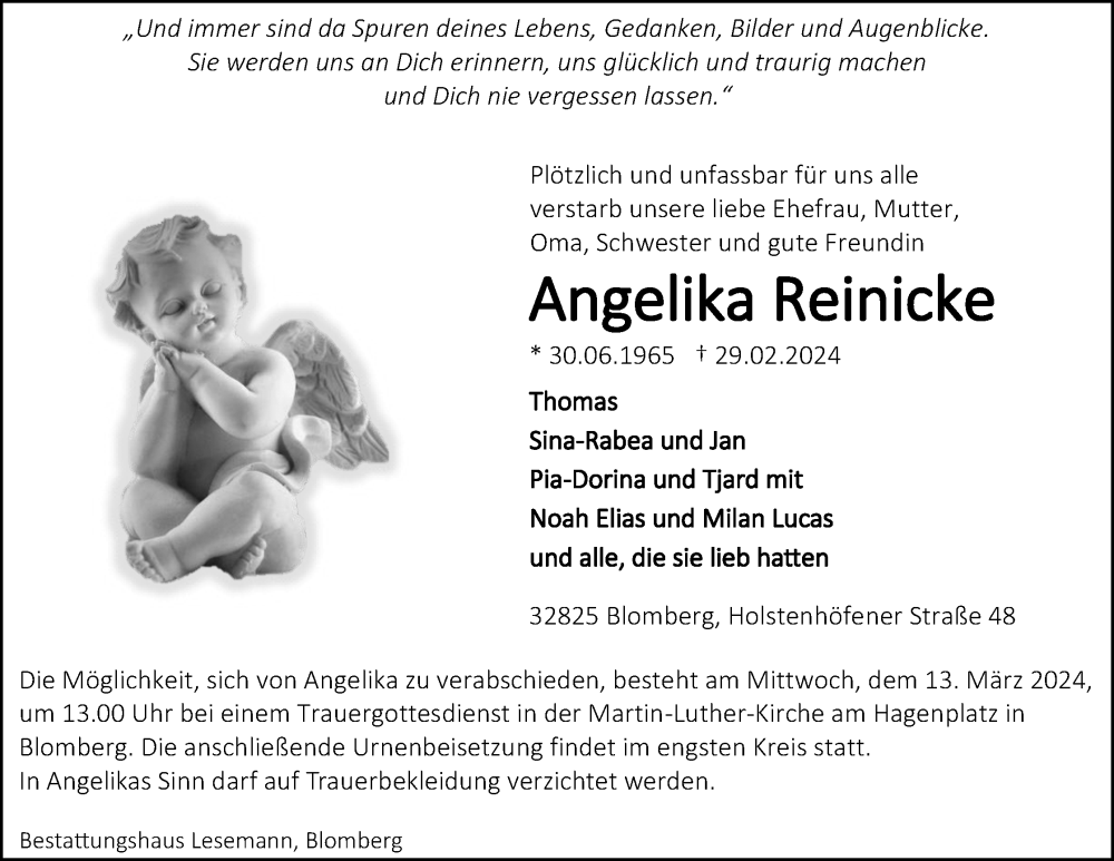  Traueranzeige für Angelika Reinicke vom 09.03.2024 aus Lippische Landes-Zeitung