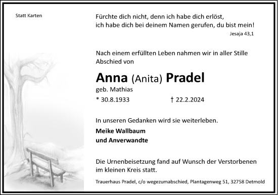 Anzeige  Anna Pradel  Lippische Landes-Zeitung