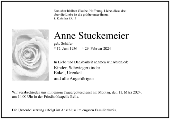 Anzeige  Anne Stuckemeier  Lippische Landes-Zeitung