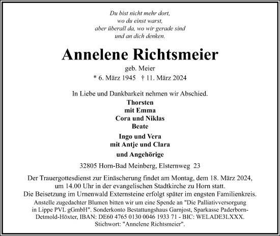Anzeige  Annelene Richtsmeier  Lippische Landes-Zeitung