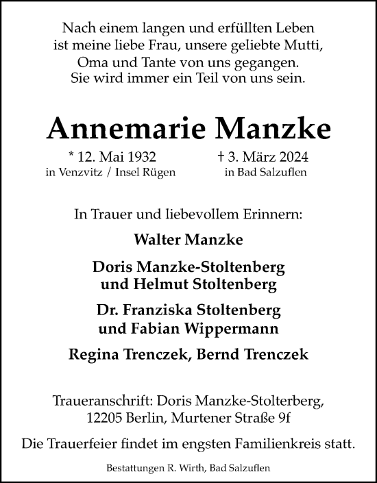 Anzeige  Annemarie Manzke  Lippische Landes-Zeitung