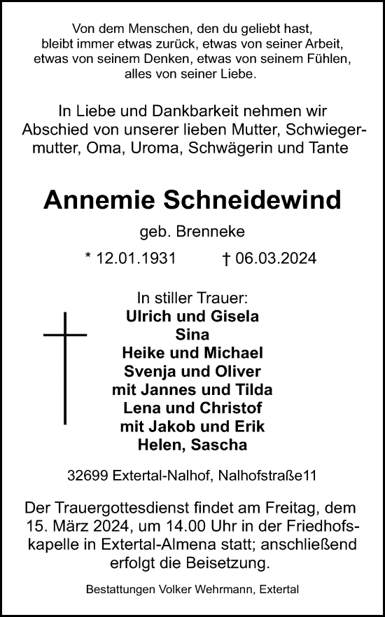 Anzeige  Annemie Schneidewind  Lippische Landes-Zeitung