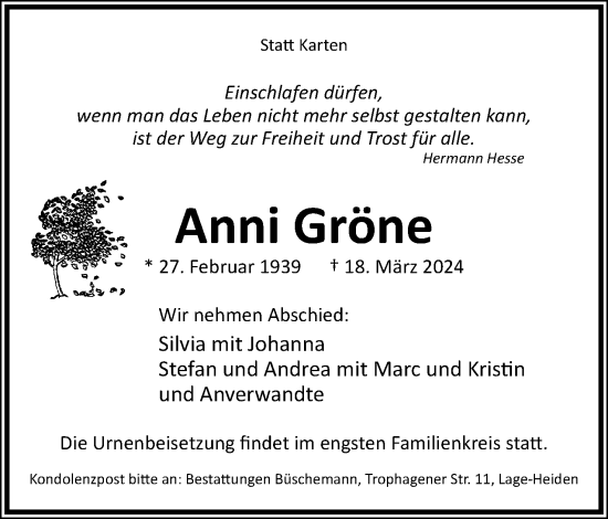 Anzeige  Anni Gröne  Lippische Landes-Zeitung