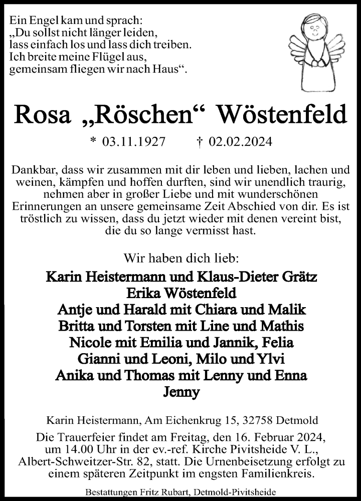  Traueranzeige für Rosa Wöstenfeld vom 10.02.2024 aus Lippische Landes-Zeitung