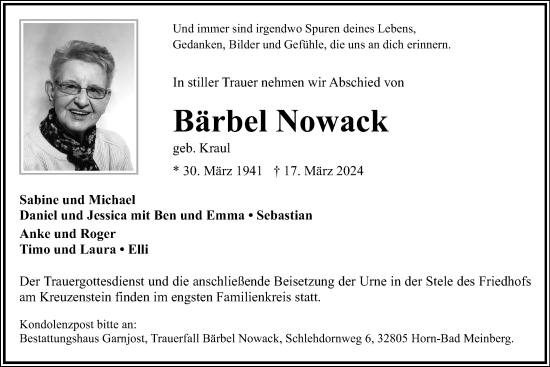 Anzeige  Bärbel Nowack  Lippische Landes-Zeitung