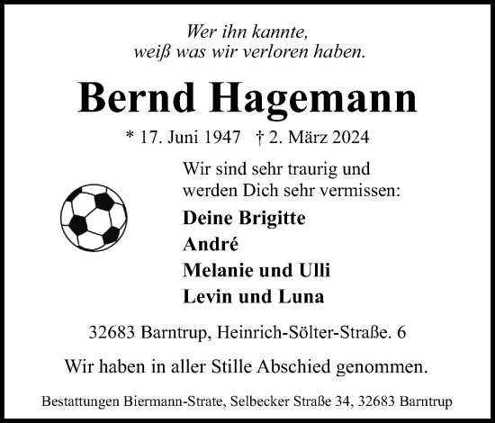 Anzeige  Bernd Hagemann  Lippische Landes-Zeitung