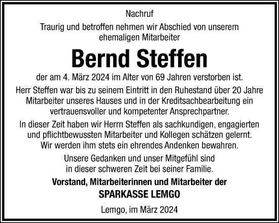 Anzeige  Bernd Steffen  Lippische Landes-Zeitung