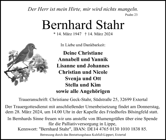 Anzeige  Bernhard Stahr  Lippische Landes-Zeitung