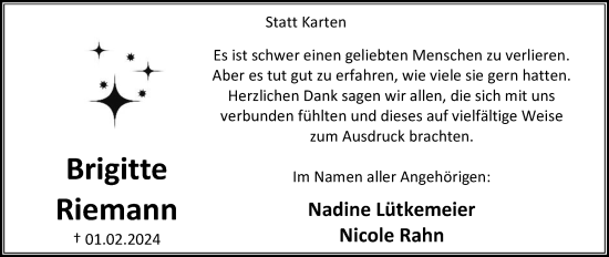 Anzeige  Brigitte Riemann  Lippische Landes-Zeitung