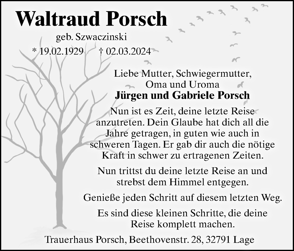  Traueranzeige für Waltraud Porsch vom 09.03.2024 aus Lippische Landes-Zeitung