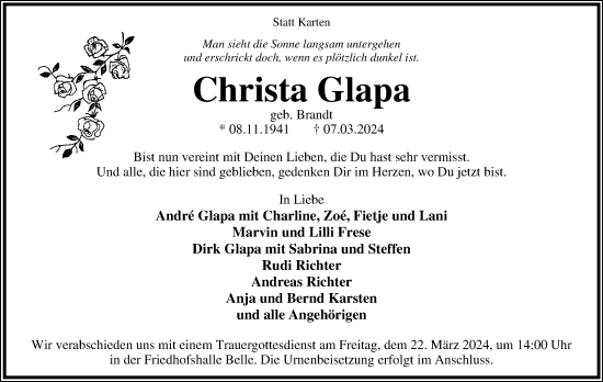 Anzeige  Christa Glapa  Lippische Landes-Zeitung