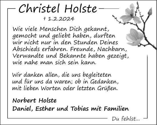 Anzeige  Christel Holste  Lippische Landes-Zeitung