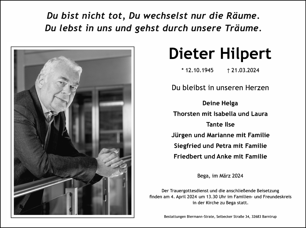  Traueranzeige für Dieter Hilpert vom 29.03.2024 aus Lippische Landes-Zeitung