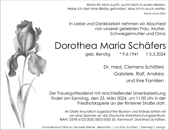 Anzeige  Dorothea Maria Schäfers  Lippische Landes-Zeitung
