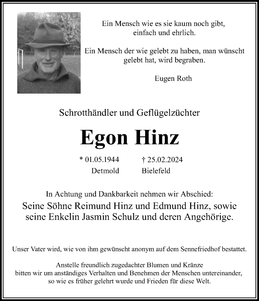 Traueranzeige für Egon Hinz vom 16.03.2024 aus Lippische Landes-Zeitung