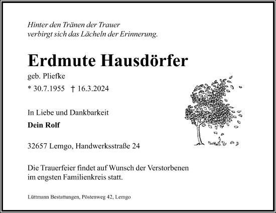 Anzeige  Erdmute Hausdörfer  Lippische Landes-Zeitung