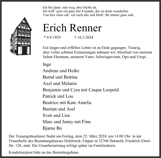 Anzeige  Erich Renner  Lippische Landes-Zeitung