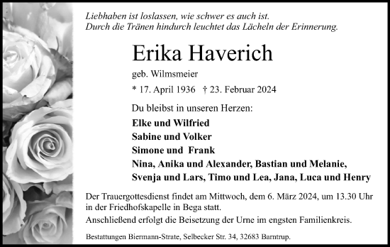 Anzeige  Erika Haverich  Lippische Landes-Zeitung