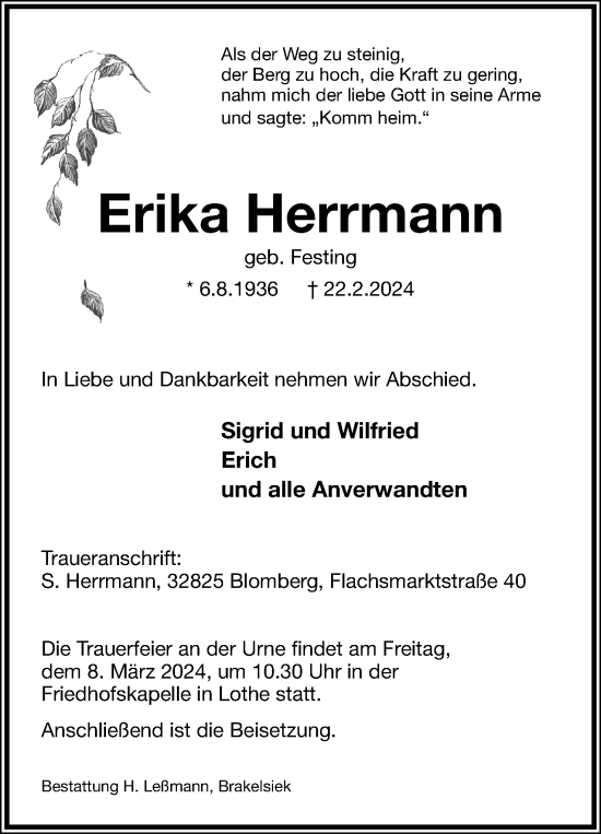 Anzeige  Erika Herrmann  Lippische Landes-Zeitung