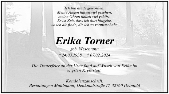 Anzeige  Erika Torner  Lippische Landes-Zeitung